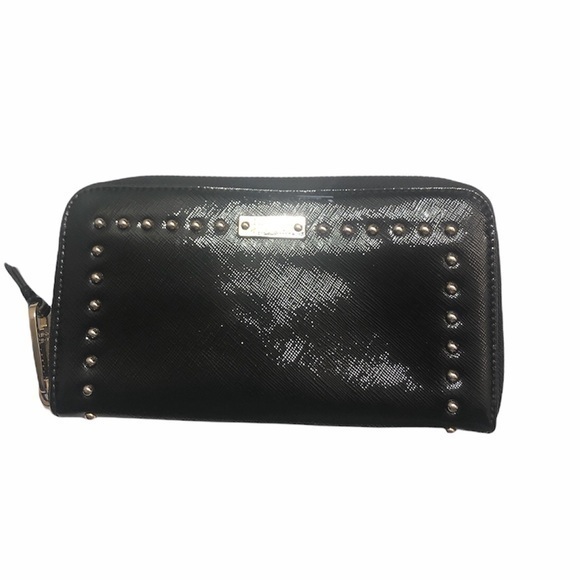 Badgley Mischka Black Studded Leather Zipper Clutch Wallet